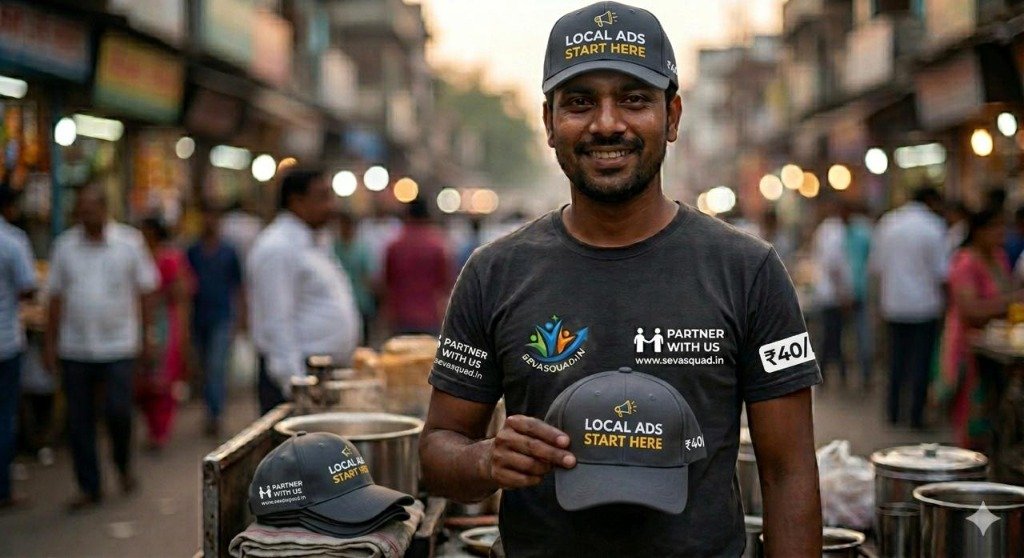 SevaSquad Local Partner Vendor wearing branded t-shirt and living billboard cap